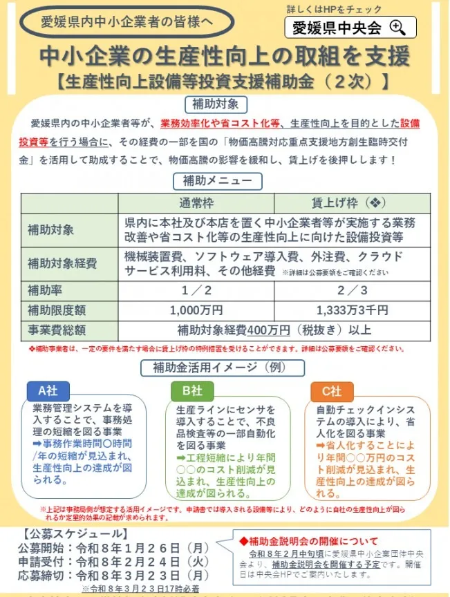 愛媛県生産性向上補助金のお知らせ